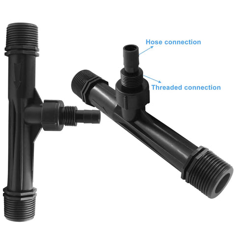 Two Pack 1 Inch Black Venturi Injector Tubes For Irrigation Systems Plastic Fertilizer Injector; hose and threaded connections visible