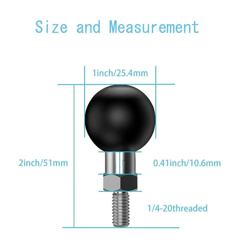 Diagram showing size of 1 Inch Ball Mount Base With 1/4-20 Threaded Bolt Stainless Steel With TPU Coated Ball Compatible With RAM Mounts