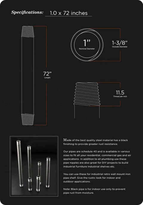 Diagram showing specifications for 1 Inch Black Pipe Kit 5 Pack 72 Inch Length Threaded Malleable Steel Pipes for DIY projects.