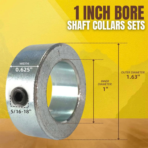 1 inch bore shaft collar set with dimensions 0.625" width, 1" inner diameter, 1.63" outer diameter, and 5/16-18" thread size