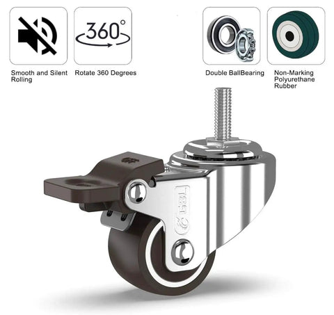 1 Inch Small Caster Wheels With 2 Brakes And Screws M6x15mm, 90 Lb Capacity, Low Profile Silent Casters shown in side view