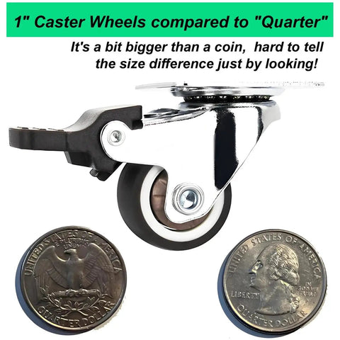 1 Inch Low Profile Caster Wheels Set Of 4 With Two Brakes And Two Non Brake, 100 Lb Capacity, Quiet TPR Rubber Casters comparison with coins