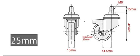 Diagram showing 1 Inch Small Caster Wheels With 2 Brakes And Screws M6x15mm, 90 Lb Capacity, side view with measurements.