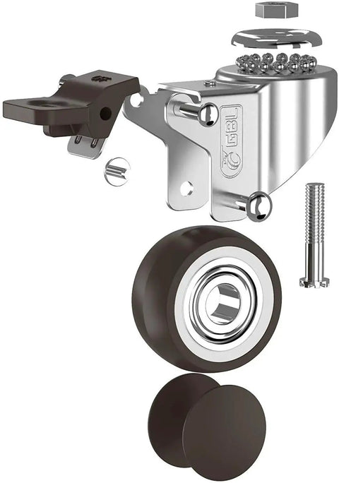 Disassembled 1 Inch Small Caster Wheels With 2 Brakes And Screws M6x15mm, showing parts for assembly.