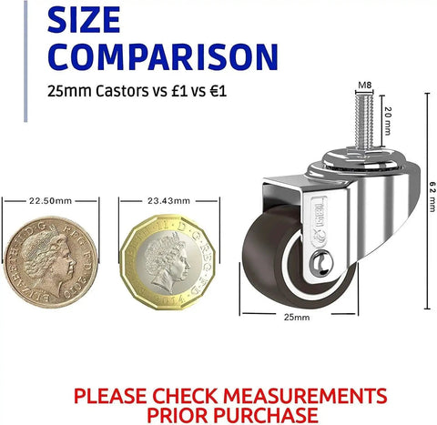 1-Inch Small Caster Wheels With 2 Brakes, Low-Profile Silent Cart Casters, 90 Lb Capacity, M8x20mm Screws Included, Set Of 4, No Floor Marks