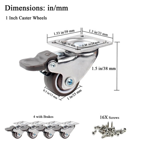 1 Inch Caster Wheels for Furniture Silent Bearing Swivel Plate Casters Set of 4 with Brakes Heavy Duty Load 100 Lbs