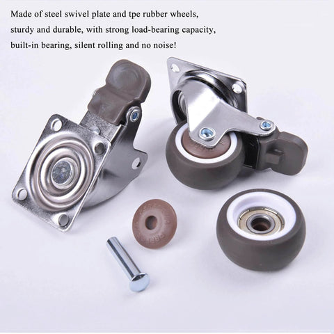 1 Inch Caster Wheels for Furniture Silent Bearing Swivel Plate Casters with Brakes and Rubber Wheels, Set of 4