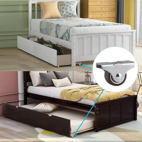 1 Inch Fixed Caster Wheels Set Of 4 With Silent Ball Bearings, Metal Top, TPE Rubber, shown installed on trundle beds