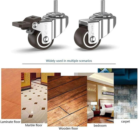 1 Inch Small Caster Wheels With 2 Brakes And Screws M6x15mm, 90 Lb Capacity, used on various flooring types including laminate and carpet.