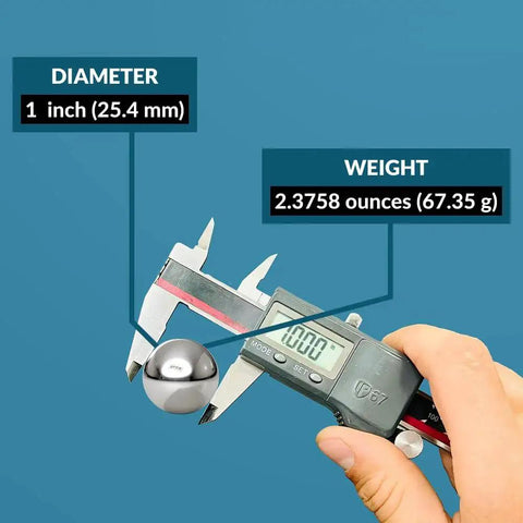 Digital caliper measuring 1 inch diameter chrome steel bearing ball, part of 10 Piece 1 Inch Precision Chrome Steel Bearing Balls G25 For Machinery And Bearings ISO 9001 Certified Built To Last Heavy Duty High Quality Set To Cut Maintenance Costs And Friction Perfect For Rebuilds Hobbies And Industrial Projects.