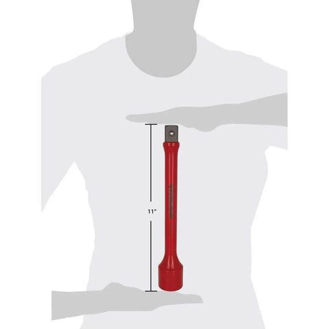 1-inch Drive 250 ft-lb Torque Limiting Extension Bar, Red, 11-inch length, shown with size comparison