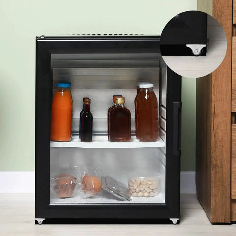 Black cabinet with transparent door showing beverages and snacks inside, featuring 12 Pieces Fixed Caster Wheels Set With One Inch Diameter Caster Wheels And Metal Top TPE Rubber Low Profile Rollers For Furniture Rolling Cabinets Trundle Beds And Drawers With Screws For Easy Installation at corners.