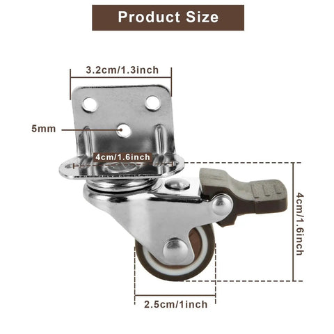 Product size diagram of Eight Pcs L-Shaped 1 Inch Caster Wheels With 360 Degree Swivel And Brake TPR Rubber Silent Floor Safe Furniture Castors