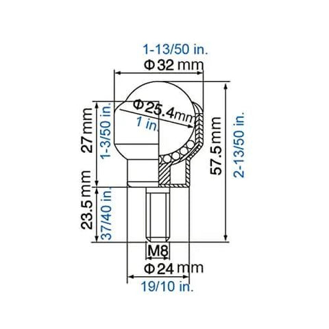 Technical diagram of 1 Inch Ball Transfer Bearings M8 Stud Mounted Carbon Steel Roller Ball Units with dimensions and measurements for conveyors tables casters.