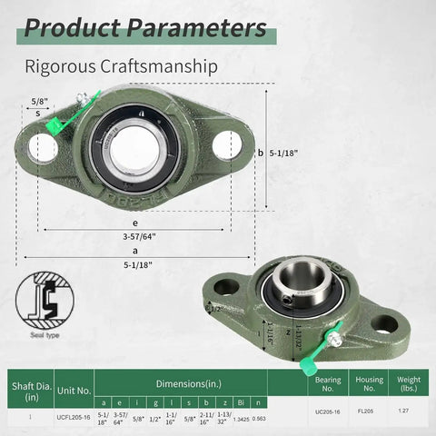 1 Inch Bore Pillow Block Bearing UCFL205-16 Self Aligning Flange Mount With 2 Bolt Flange Cast Iron Housing And Set Screw Locking
