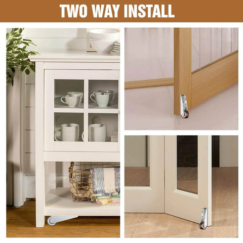 Image showing 1 Inch Rubber Casters 4 Piece Set Mini Long Frame Rigid Fixed Casters for Furniture installation options on cabinet and door.