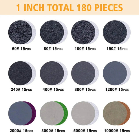 1 Inch Hook And Loop Sanding Discs Wet Dry 180 Pcs Grits 60 To 10000 Backing Pad assortment display
