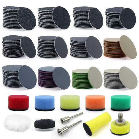 1 Inch Hook And Loop Sanding Discs Wet Dry 180 Pcs Grits 60 To 10000 Backing Pad with various grits and accessories shown