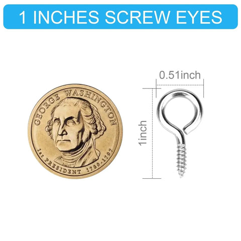 50 Pcs 1 Inch 304 Stainless Steel Eye Screws Self Tapping Eye Bolts with size comparison to a coin