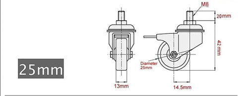 Technical diagram of 1-Inch Small Caster Wheels With 2 Brakes, Low-Profile Silent Cart Casters, 90 Lb Capacity, M8x20mm Screws Included