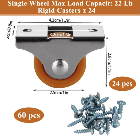 24 Pcs Small Caster Wheels 1 Inch Mini Fixed Silent Ball Bearing Casters with Metal Top Plate TPE Rubber Low Profile Design and screws