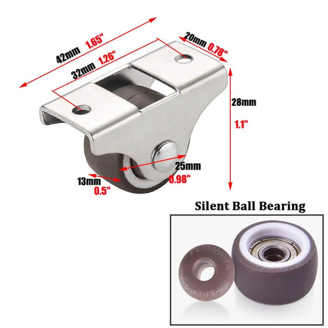 1 Inch Fixed Caster Wheels Set Of 4 With Silent Ball Bearings, Metal Top, TPE Rubber, dimensions marked, includes bearings