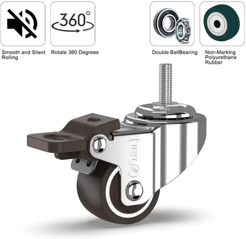 1-Inch Small Caster Wheels With 2 Brakes, Low-Profile Silent Cart Casters, 90 Lb Capacity, M8x20mm Screws Included, chrome metal frame, rubber wheel