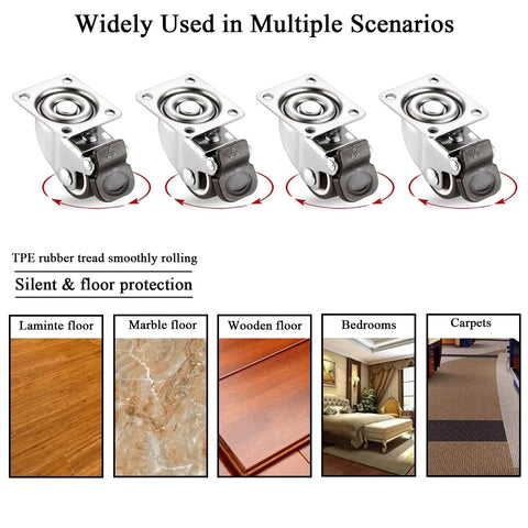 1 Inch Caster Wheels for Furniture Silent Bearing Swivel Plate Casters Set of 4 with Brakes displayed over different floor types