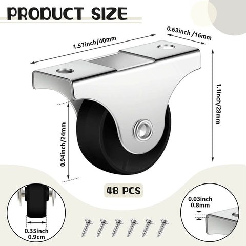 48 Pcs 1 Inch Small Caster Wheels Mini Rigid Fixed Non Swivel Casters with Metal Top Plate PP Plastic Wheels for Furniture
