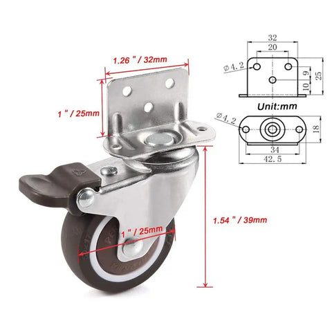 1 Inch Swivel Plate Caster With Brake In Low Profile L Bracket Silent TPE Wheel Replacement For Crib Table Shelf And TV Stand, diagram view