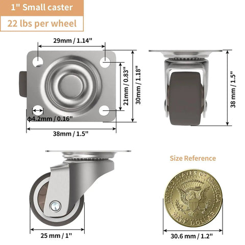 1 Inch Swivel Plate Casters With Low Profile TPR Silent Wheels For Furniture Mounting On Wooden Side Tables Shelving Units And Plant Stands 1.5 Inch Overall Height Top Plate 1.5 By 1 Inches Pack Of 4, showing dimensions and size reference.