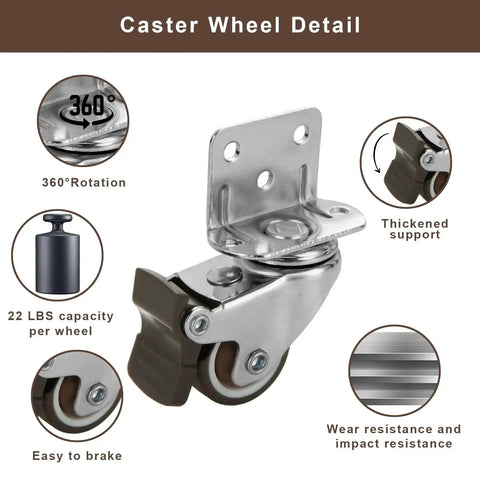 Eight Pcs L-Shaped 1 Inch Caster Wheels With 360 Degree Swivel And Brake TPR Rubber Silent Floor Safe Furniture Castors detail view