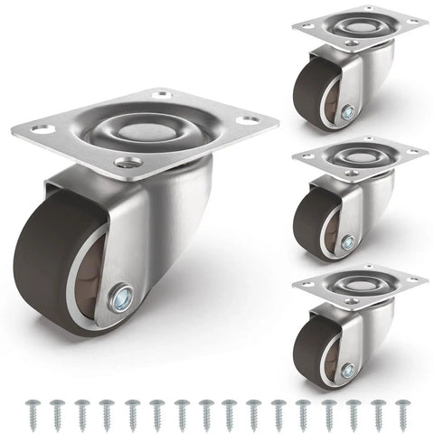 1 Inch Swivel Plate Casters With Low Profile TPR Silent Wheels For Furniture Mounting On Wooden Side Tables Shelving Units And Plant Stands 1.5 Inch Overall Height Top Plate 1.5 By 1 Inches Pack Of 4 close-up image with screws included.