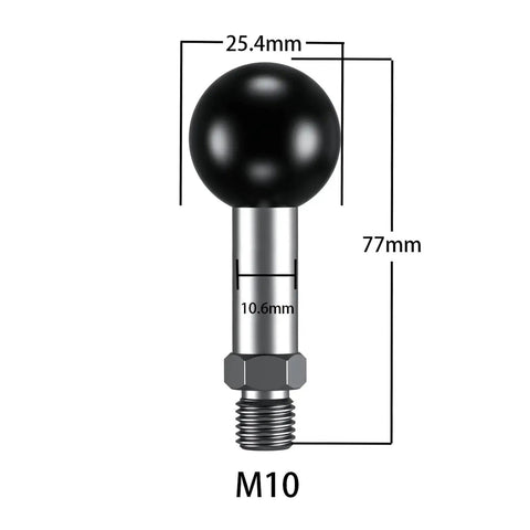1 Inch TPU Ball Mount With M10 1.5 Millimeter Threaded Post, Stainless Steel, Dimensions Shown For RAM Mounts