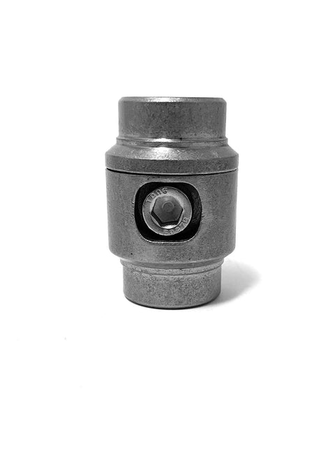 Front view of 1 Inch Tube Connector Adapter For Weld Fabrication Bungs 0.095 And 0.065 Wall Inline Tubes With Versaslot Nut Slots, bolt visible