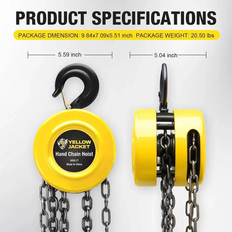 1 Ton Hand Chain Hoist Chain Block With 2 Heavy Duty Hooks 10 Ft Lift 2200 Lbs Capacity For Warehouse Use side view