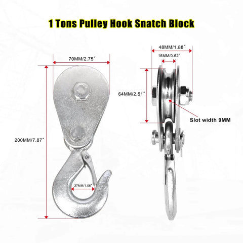 Pulley Hook (1Tons/2,200 LBS) Snatch Block with Hook Heavy Duty Pulley Lifting Block Hoist with Hook for 3/8 inch Cable
