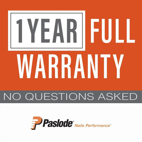 1 year full warranty text with Paslode logo on orange background.
