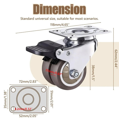 1.5 Inch Double Wheel Swivel Caster Wheels Set Of Four With Rubber Caster Wheels And 396 Lbs Load Capacity For Cabinets Tables And Workbenches Two With Brake And Two Without Ideal For Garage Workshop Storage Carts Office Furniture And Heavy Loads detailed dimensions and top plate design