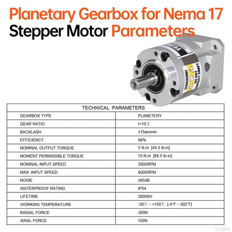 Image of Ratio 10:1 Planetary Gearbox for Nema 17 Stepper Motor 42-55mm Backlash 15 arcmin Input Shaft 25.5mm with technical parameters chart.
