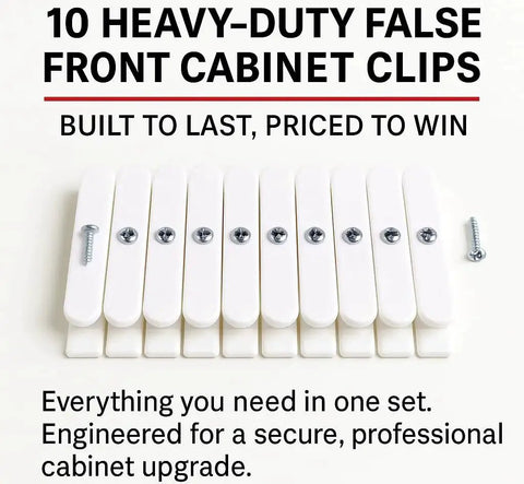 Set Of 10 False Front Cabinet Clips With Screws For Four And A Half Inch Drawer Fronts Heavy Duty ABS Fasteners displayed.
