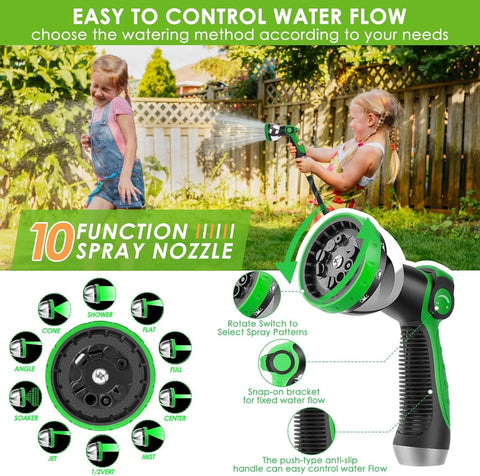 FlexiSolve non-expandable garden hose 150 ft with green 10-pattern spray nozzle in a backyard setting