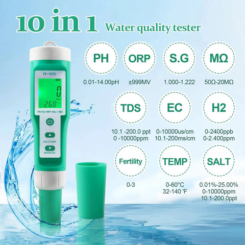 Hydrogen Water Tester 10 In 1 Digital Water Meter For Drinking, Hydroponics, And Pool Use displaying measurement options and parameters.