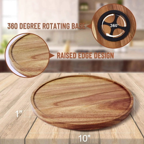 Two Pack 10 Inch Acacia Wood Lazy Susan Turntables For Cabinet Kitchen Countertop And Pantry Organization with raised edge