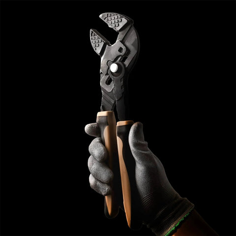 10 Inch Adjustable Pliers Wrench With Quick Adjust Push Button And Parallel Jaws From CRV Steel, held in a gloved hand