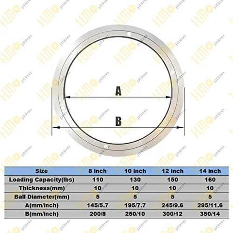 Diagram of 10 Inch Aluminum Lazy Susan Ball Bearing Turntable with size chart, heavy duty silent swivel bearing, 100 lb load capacity