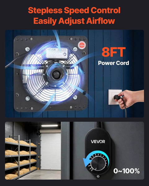 Beefy 10 Inch Wall Mounted Attic Exhaust Fan With 900 CFM And Stepless Variable Speed Control Automatic Shutter For Quick Venting And Cooling In Sheds Workshops And Homes Black Finish VEVOR shown with speed control dial and power cord. Installed in workshop.