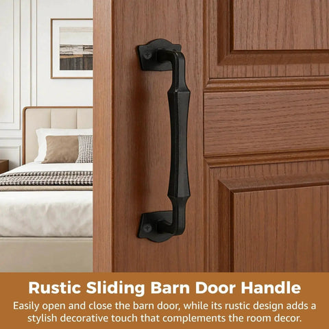 10 Inch Sliding Barn Door Handle Hardware In Matte Black Cast Iron Rustic Barn Door Pull with mounting screws installed on wooden door