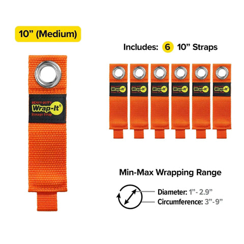 Heavy Duty Wrap It Storage Straps 10 Inch 6 Pack Blaze Orange for garage organization, showing 6 straps with diameter and circumference range.