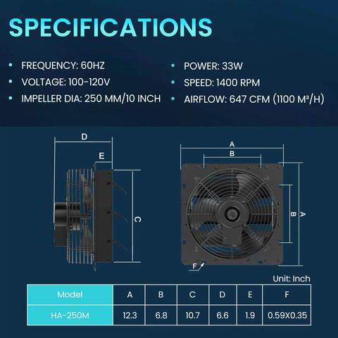 Specifications of 10 Inch Shutter Exhaust Fan With Speed Controller 647 CFM Beast Mode High Speed, black, wall-mounted